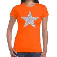 Bellatio Zilveren ster glitter t-shirt oranje dames - shirt glitter ster zilver - oranje kleding