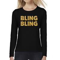 Bellatio Bling Bling goud glitter tekst t-shirt long sleeve zwart voor dames- Zwart