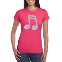 Bellatio Zilveren muziek noot / muziek feest t-shirt / kleding - Roze