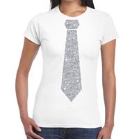 Bellatio Wit fun t-shirt met stropdas in glitter zilver dames