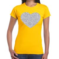 Bellatio Zilveren hart glitter t-shirt Geel