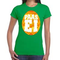 Bellatio Groen Paas t-shirt met oranje paasei - Pasen shirt voor dames - Pasen kleding