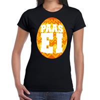 Bellatio Zwart Paas t-shirt met oranje paasei - Pasen shirt voor dames - Pasen kleding