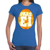 Bellatio Blauw Paas t-shirt met oranje paasei - Pasen shirt voor dames - Pasen kleding