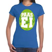 Bellatio Blauw Paas t-shirt met groen paasei - Pasen shirt voor dames - Pasen kleding