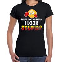 Bellatio Funny emoticon t-shirt What do you mean i look stupid Zwart