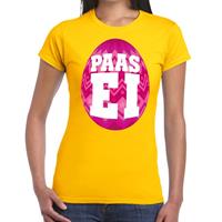 Bellatio Geel Paas t-shirt met roze paasei - Pasen shirt voor dames - Pasen kleding
