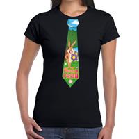 Bellatio Zwart Paas t-shirt met paashaas stropdas - Pasen shirt voor dames - Pasen kleding
