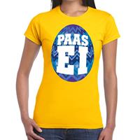 Bellatio Geel Paas t-shirt met blauw paasei - Pasen shirt voor dames - Pasen kleding