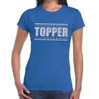 Bellatio Blauw Topper shirt in zilveren glitter letters dames - Toppers dresscode kleding