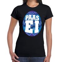 Bellatio Zwart Paas t-shirt met blauw paasei - Pasen shirt voor dames - Pasen kleding