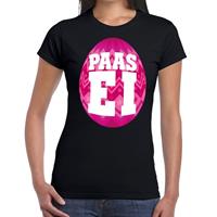 Bellatio Zwart Paas t-shirt met roze paasei - Pasen shirt voor dames - Pasen kleding