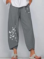 BERRYLOOK Casual Cotton And Linen Butterfly Print Wide-Leg Pants