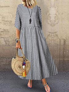 BERRYLOOK Maternity Plaid Casual Short-sleeved Round Neck Maxi Dress