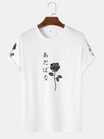 ChArmkpR Mens Rose Pattern Japanese Characters Print Short Sleeve Street T-Shirts