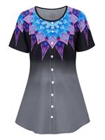 Rosegal Plus Size Buttoned Ombre Flower Print Short Sleeve Tee
