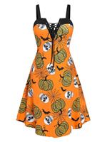 Rosegal Plus Size Pumpkin Print Lace Up Halloween Dress