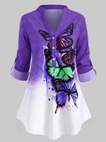 Rosegal Plus Size Butterfly Print  Roll Up Sleeve Ombre Color Top