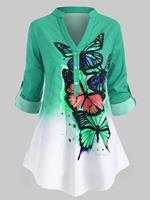 Rosegal Plus Size Butterfly Print  Roll Up Sleeve Ombre Color Top