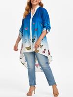 Rosegal Plus Size Roll Up Sleeve Ombre Color Butterfly Print Blouse