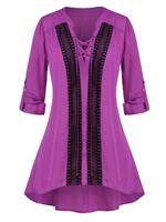 Rosegal Plus Size Lace-up Crochet Panel Roll Tab Sleeve Tunic Blouse