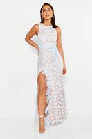 Boohoo Lace Ruffle Split Maxi Dress, Sky