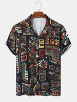ChArmkpR Mens Tribal Geometry Print Camp Collar Black Short Sleeve Shirt
