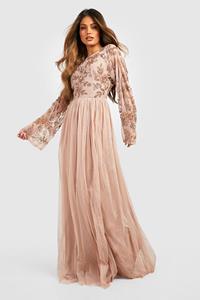 Boohoo Bridesmaid Hand Embellished Long Sleeve Maxi Dress, Blush