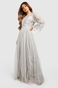 Boohoo Bridesmaid Hand Embellished Long Sleeve Maxi Dress, Grey