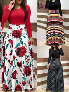 SaraMart Blumendruck im europäischen und amerikanischen Stil, farblich passendes langärmeliges Kleid, langer Rock