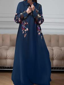 SaraMart VONDA Damenkleid im europäischen und amerikanischen Feiertagsstil einfaches Blumendruck-Design Revers lange Ärmel lose Taille großer Saum und bodenla