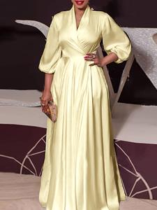 SaraMart VONDA Damen europäische und amerikanische Mode reine rbe High-End-Bankett-Stil Kleid einch sexy V-Ausschnitt langärmelige Blase Ärmel Taillendesign l