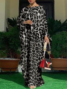 SaraMart VONDA Damen böhsches Urlaubsstil Leopardenmuster Kleid Europäisches und amerikanisches Modetament es langärmeliges Trompetenärmel-Design loerer Stil