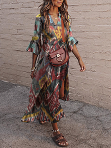 SaraMart Neue Herbst-Damenbekleidung im ethnischen Stil mit V-Ausschnitt und ausgestellten Ärmeln, bedrucktes Midikleid mit Schlitz für Damen