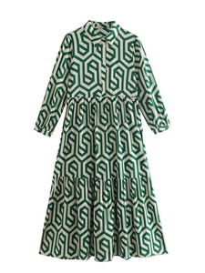 SaraMart 2022 Frühlingsfrauen im europäischen und amerikanischen Stil mit langen Ärmeln und Umlegekragen, grün, mit geometrischem Muster, bedrucktes Hemdkleid
