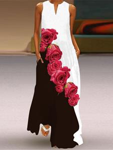 SaraMart Neuer Sommer Damen ärmelloser langer Rock mit V-Ausschnitt bedrucktes Jadeblumenkleid Europäische und amerikanische Damenbekleidung