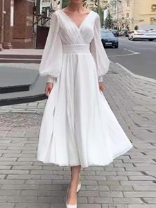 SaraMart AliExpress Amazon Europäische und amerikanische Damen reines weißes langärmeliges Neckholder-Kleid mit V-Ausschnitt