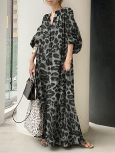 SaraMart ZANZ Damen Leopardenmuster Ro im europäischen und amerikanischen Stil Stehkragen halbe Knopfleiste Blase Ärmel Modetrend er Hemdro loer Frühling und