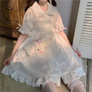SaraMart Japanisches süßes Mädchen Lolita Kleid Kawaii Peter Pan Kragen Nettes Rüschen Puffärmelkleid Einfarbig Elegante Retro Dame Drees