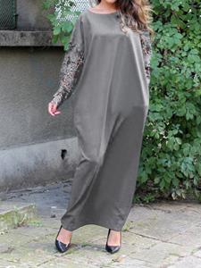 SaraMart Cela Damen im europäischen und amerikanischen Stil langärmelige durchsichtige Spitzennähte Design langer Ro Rundhalstasche Kokon-p einrbig einche Mod