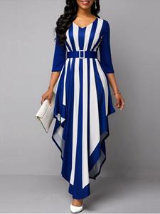 SaraMart Europäische und amerikanische neuer Stil V-Ausschnitt Streifendruck hohe Taille Dreiviertelärmel unregelmäßiges Kleid grenzüberschreitende Damenbekle