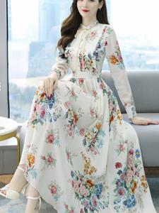 SaraMart Chiffon-Blumen-Langarm-Kleid, lange Sommer-Damenbekleidung, Frühjahr 2021, neuer altereduzierender Ro, westlicher Stil war dünn