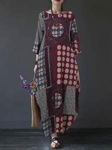 SaraMart Baumwoll- und Leinendruck im Ethno-Stil mit lockerem Rundhalsausschnitt langes unregelmäßiges Kleid mit Retro-Absicherung
