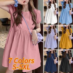 SaraMart VONDA ladies European and American casual solid color shirt dress sweet wind round neck puff sleeve pleated design A-line skirt daily summer all-matc