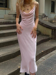 SaraMart Französisches Retro-Kleid Pure Desire Inspirierendes Design Schlankmachende, taillierte, rückenfreie, mittellange, geteilte rosafarbene Trägerkleider