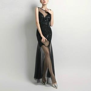 Huismerk Pailletten Beading Avondjurken Mermaid Long Formal Prom Party Dress Maat:XL(Zwart)