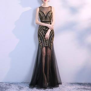 Huismerk Pailletten Beading Avondjurken Mermaid Long Formal Prom Party Dress Maat:XL (Zwart Goud)