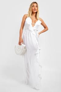 Boohoo Maxi Strand Jurk Met Franjes En Split, Wit