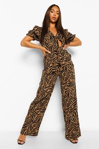 Boohoo Geknoopte Zebraprint Jumpsuit, Brown