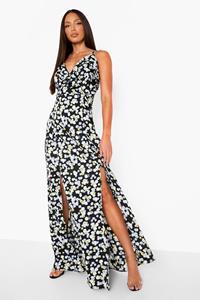 Boohoo Tall Bloementpatroon Maxi Jurk Met Ruches En Split, Zwart